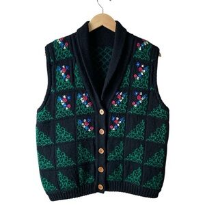 Vintage Shawl Collar Button-Down Floral Embroidered Wool Vest Size L (Estimate)